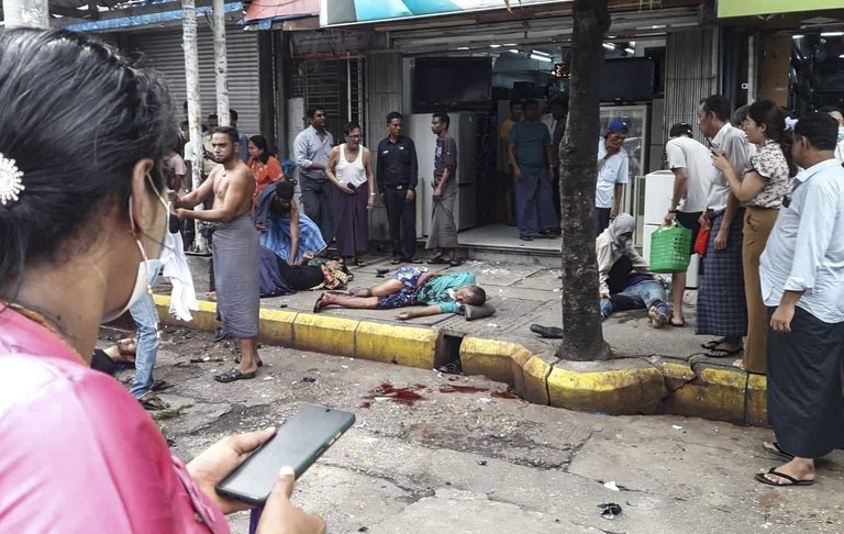 The scene of a bomb blast at the bus stop near Bar Street and Anawrahta Road in Kyauktada Township, in Myanmar's Yangon region, May 31, 2022. Credit: Citizen journalist.