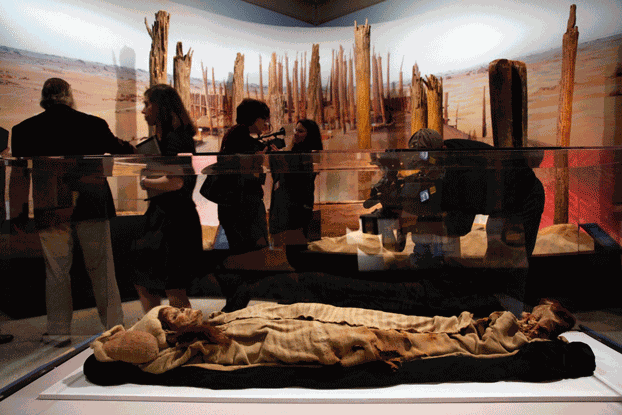 The Beauty of Xiaohe, a mummy discovered in the Tarim Basin in northwestern China, is shown at the 'Secrets of the Silk Road' exhibit at the University of Pennsylvania Museum of Archaeology and Anthropology in Philadelphia, Pennsylvania, Feb. 18, 2011. Credit: Associated Press