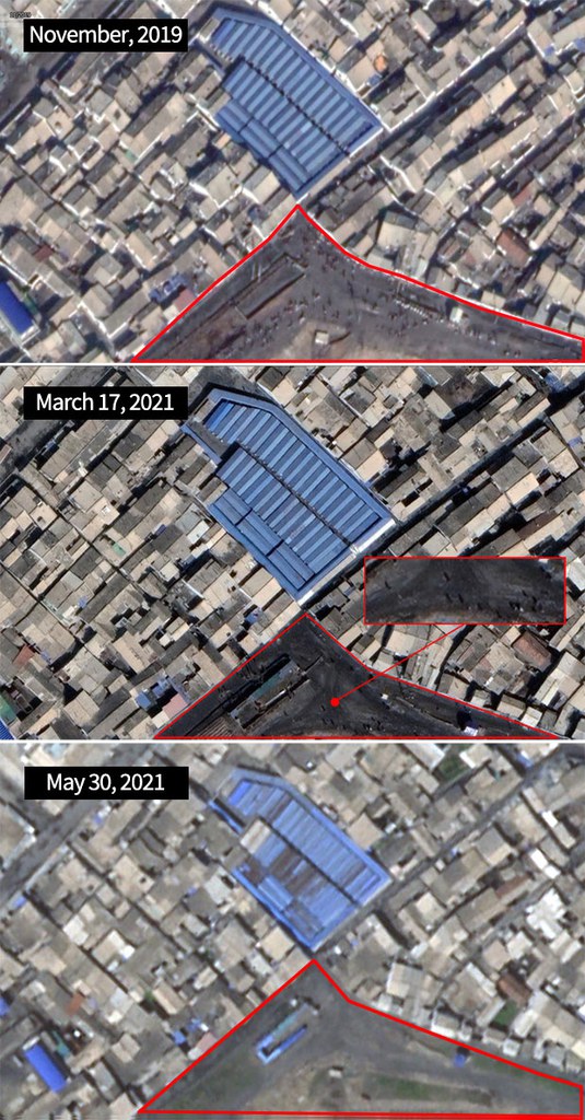 In the photo of Sinpo Market in Sinuiju, taken on November 2019 (top), the market was crowded with merchants and customers, but in March 2021 (middle) the market seems noticeably quieter after blockade of the NK-China border. / Source: Google Earth. On the other hand, the satellite image that was taken on May 30th 2022 (bottom) shows no vehicles or people around the market due to full lockdown to prevent the spread of Covid. / Source: Planet Labs PBC