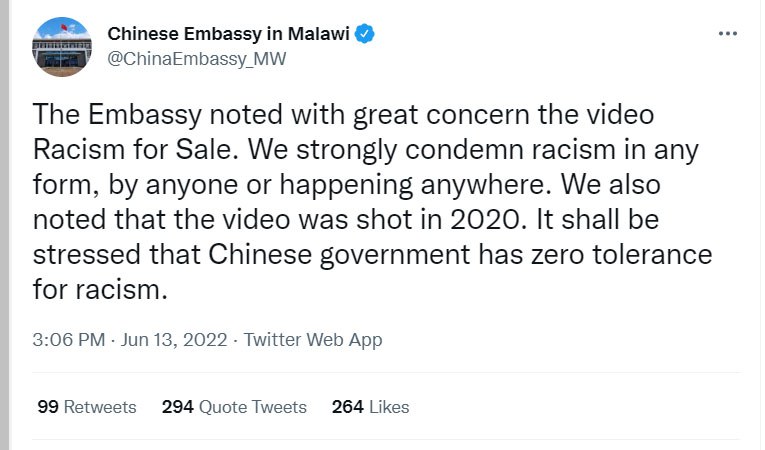 A screenshot of the Chinese embassy statement on Twitter on June 13 that it had "noted with great concern" the findings of the BBC documentary Racism for Sale.