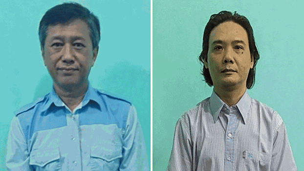 Myanmar democracy activist Ko Jimmy (L) and former Myanmar lawmaker Phyo Zeya Thaw (R) in a combination photo created on June 3, 2022. Credit: AFP/Myanmar’s Military Information Team