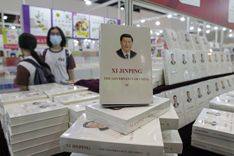 "Xi Jinping: The Governance of China" is displayed at a booth during the annual book fair in Hong Kong, Wednesday, July 20, 2022. Credit: AP