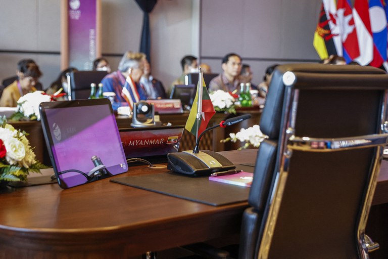 The vacant chair for the Myanmar delegation is seen at the Association of Southeast Asian Nations (ASEAN) Foreign Ministers' meeting in Labuan Bajo, Indonesia, Tuesday, May 9, 2023. Credit: Pool/AFP