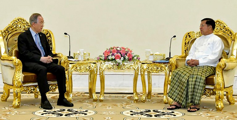 Myanmar junta chief Min Aung Hlaing [right] meets with former UN Secretary-General Ban Ki-moon in Naypyidaw, April 24, 2023. Credit: AFP/Myanmar Military Information Team