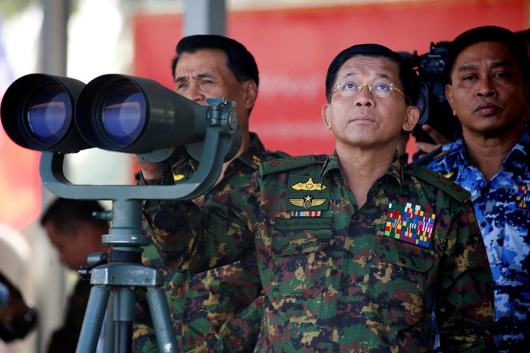 Myanmar junta leader Senior Gen. Min Aung Hlaing during a military exercise in Ayeyarwady delta region, Myanmar, Feb. 2018. Credit: Lynn Bo Bo/Reuters pool
