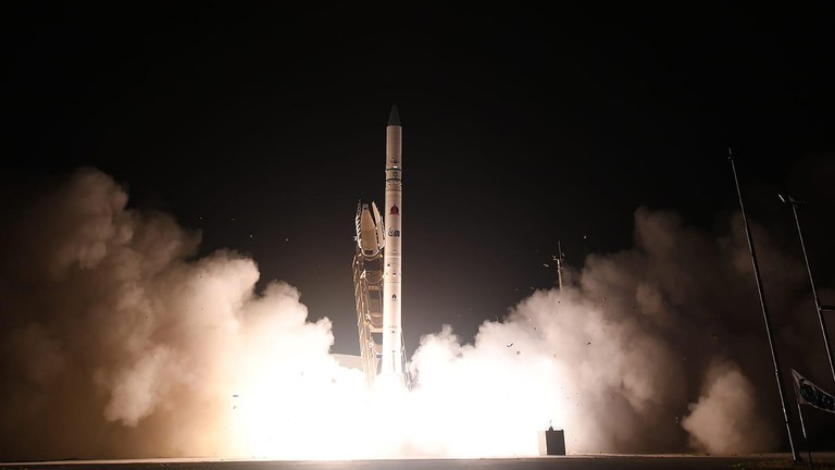 An Ofek-16 spy satellite blasts off from the Palmachim air base in central Israel, July 6, 2020. Credit: Israel Ministry of Defense Spokesperson's Office via AP