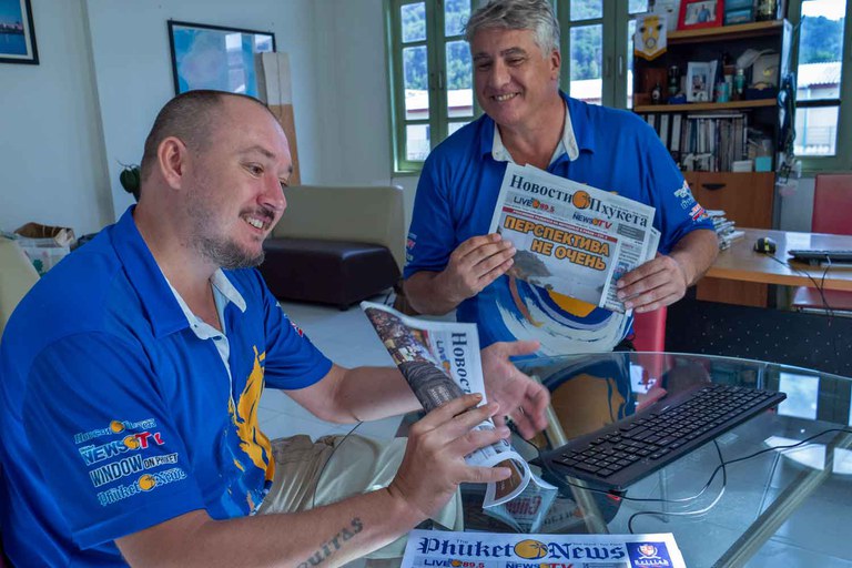 Anton Makhrov [left], editor of Novosti Phuketa newspaper, and Jason Beavan, general manager, are seen in their office in Phuket, June 19, 2023. Credit: Tran Viet Duc/RFA