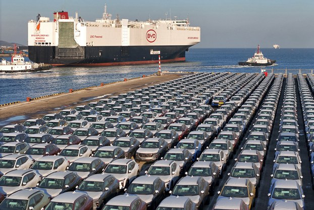Electric cars for export wait to be loaded on the BYD Explorer No. 1, a domestically manufactured vessel intended to export Chinese automobiles, at Yantai port in eastern China's Shandong province, Jan.  10, 2024. (AFP)