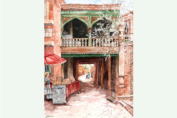 In third place, ‘Spring in Kashgar’ by Joy Bostwick, an artist originally from Arizona, depicts a lane in Kashgar. (Joy Bostwick)