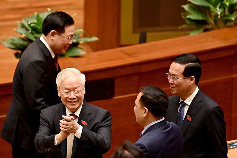 Vietnam's Communist Party general secretary Nguyen Phu Trong, left, gestures as he arrives at the National Assembly in Hanoi on Jan. 15, 2024. (Nhac Nguyen/AFP)