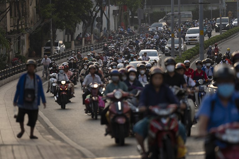 Commuters fill the street during morning rush hour in Ho Chi Minh City, Jan. 12, 2024. (Jae C. Hong/AP)