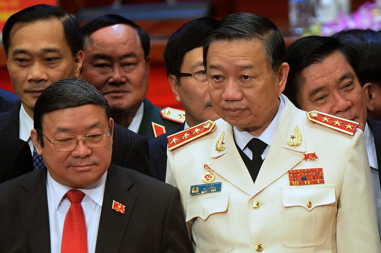 Politburo member Gen. To Lam, right, poses with other members of the Vietnam Communist Party's Central Committee in Hanoi on Jan.  28, 2016. (Hoang Dinh Nam/AFP)