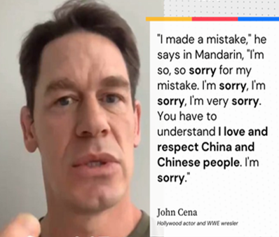 John Cena saying Sorry to China for speaking about Taiwan