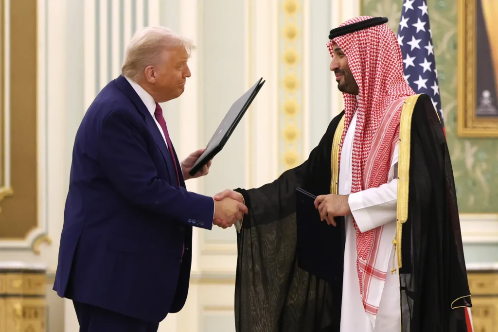 President Donald Trump and Saudi Crown Prince Mohammed bin Salman attend a signing ceremony at the Saudi Royal Court on May 13, 2025, in Riyadh, Saudi Arabia. Win McNamee/Getty Images