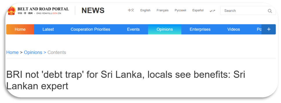 Maya Majueran's op-ed in the Belt and Road Portal whitewashing the impact of BRI on Sri Lanka