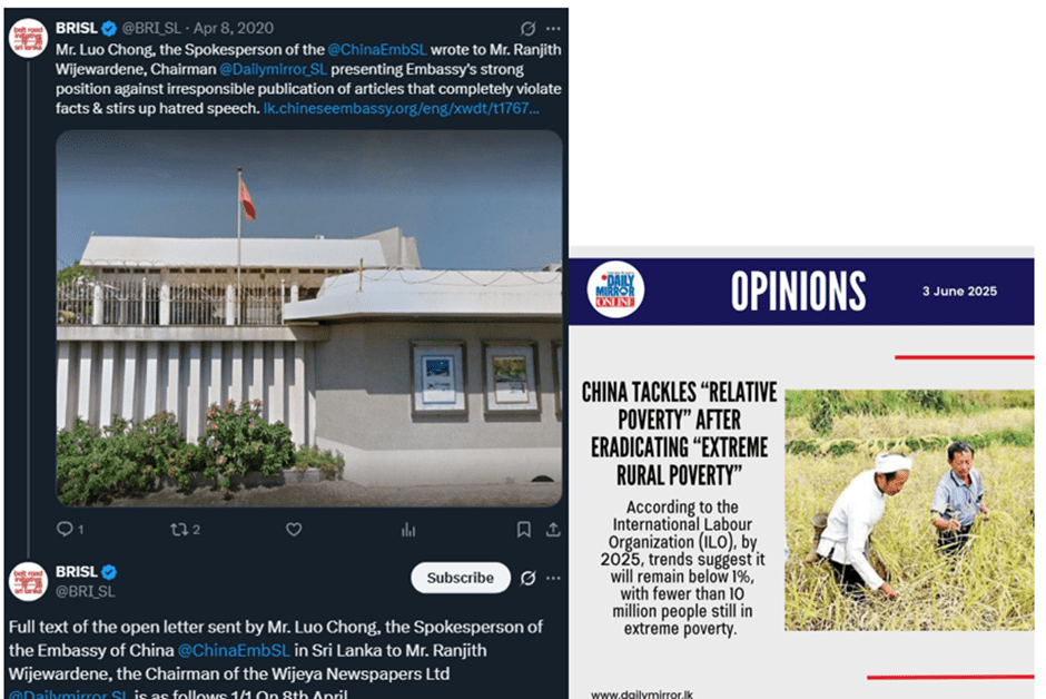 Chinese Embassy open letter to the founder of Daily Mirror (L) and Recent coverage of China in Daily Mirror (R)