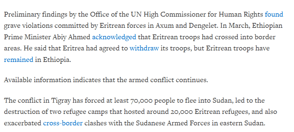 Excerpt from HRW report on Abiy Ahmed and Tigray Conflict