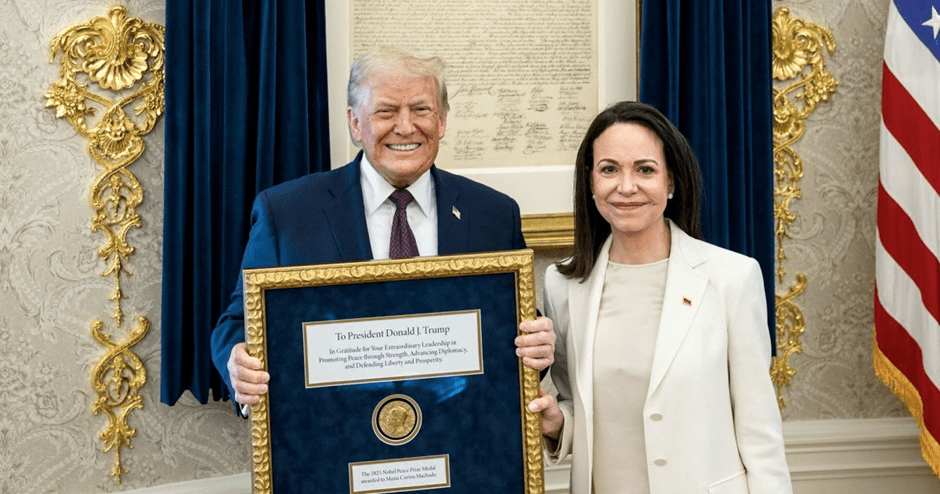 Venezuelan opposition leader María Corina Machado presented Trump her Nobel Peace Prize medal in White House meeting