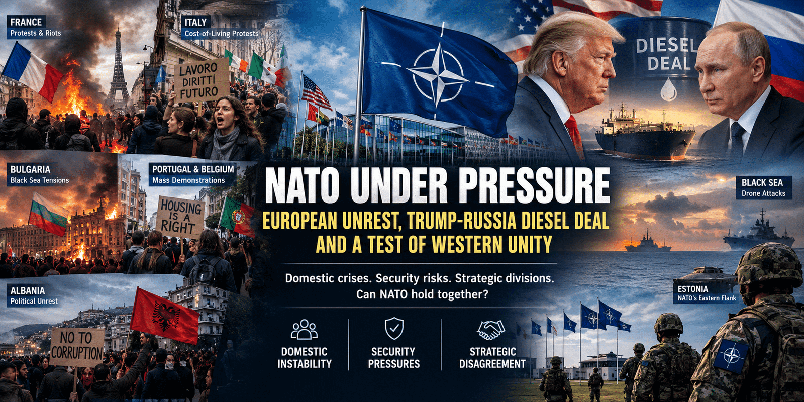 NATO faces mounting pressure from protests and political unrest across Europe, Black Sea security threats, and Trump's Russia diesel deal. Can Western unity survive?